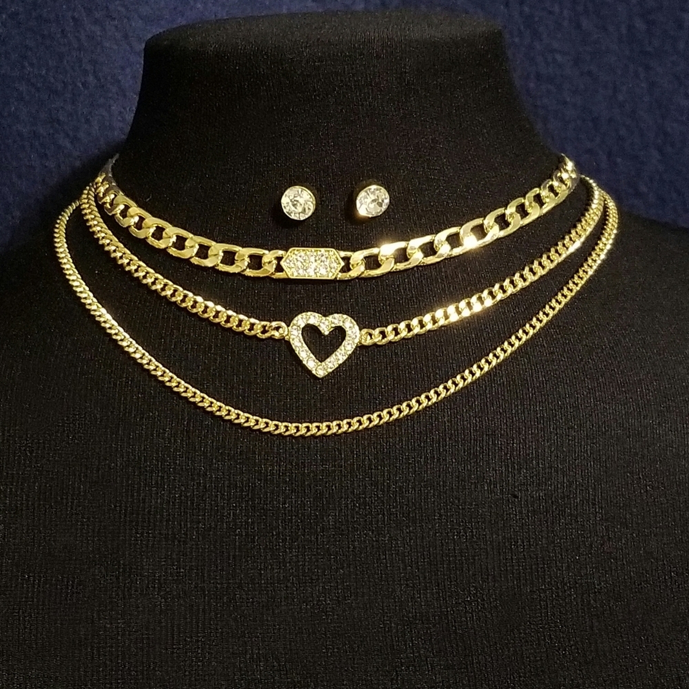 Jennifer & Company Glass Pavé Heart Pendant Necklace Set Three Layered Necklaces